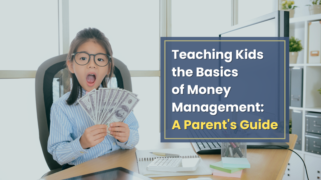 Child holding money fanned out while sitting in a chair at a desk with the blog title in a box to the side