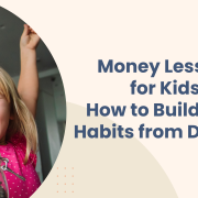 Young girl celebrating that she is putting money in her save jar with tile to the right of it