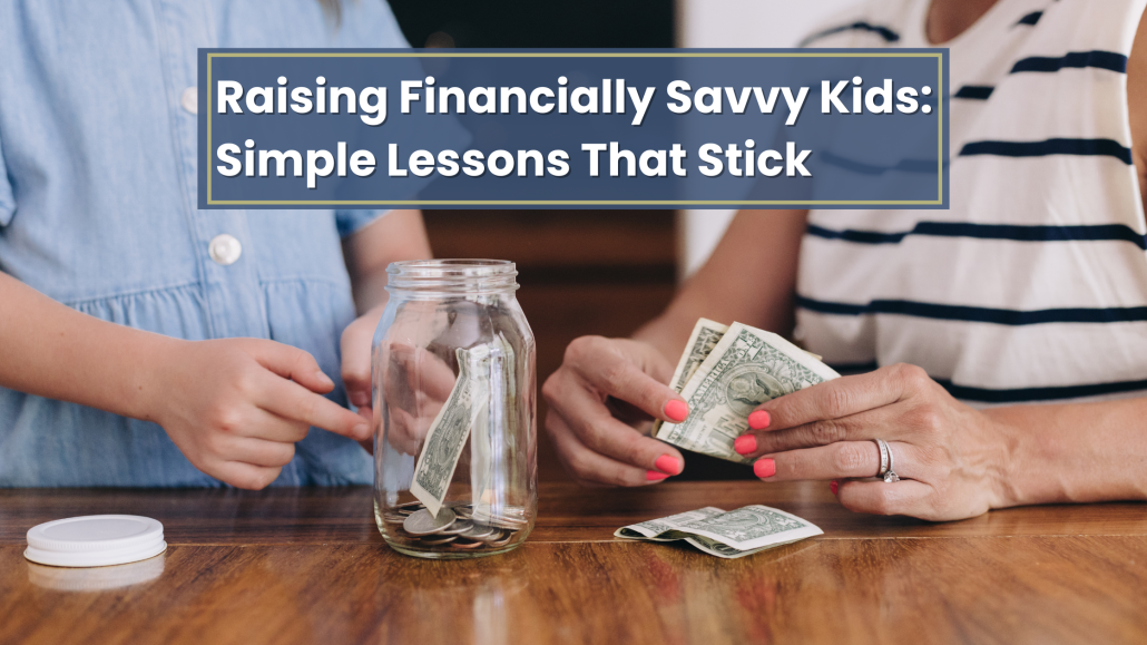An adult counting money and putting it in a jar with a young child with the title in the middle of the top