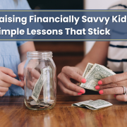 An adult counting money and putting it in a jar with a young child with the title in the middle of the top