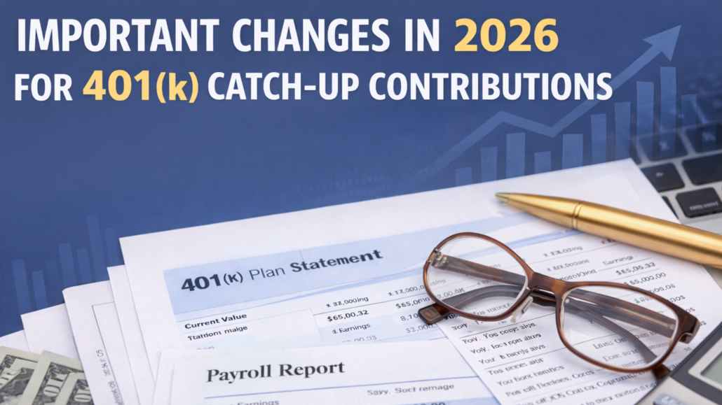 401K paperwork with glasses and a pen sitting on top of it with a blue background and the title at the top