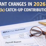 401K paperwork with glasses and a pen sitting on top of it with a blue background and the title at the top