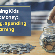 Childs hand putting coins in coin jar with the title next to it