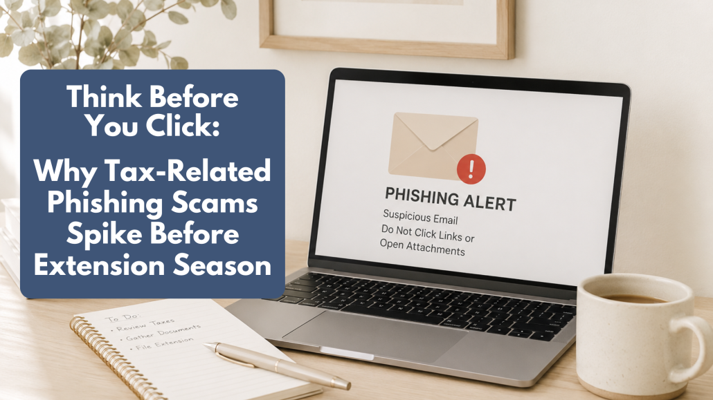 Computer on desk with phishing alert warning and title beside it